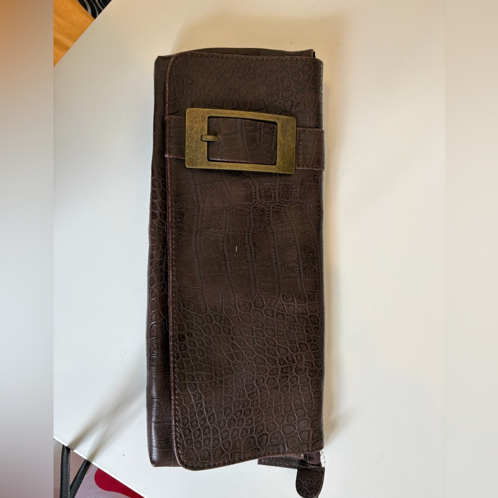 Chinese Laundry Brown Buckle Croc Embossed Chain Clutch